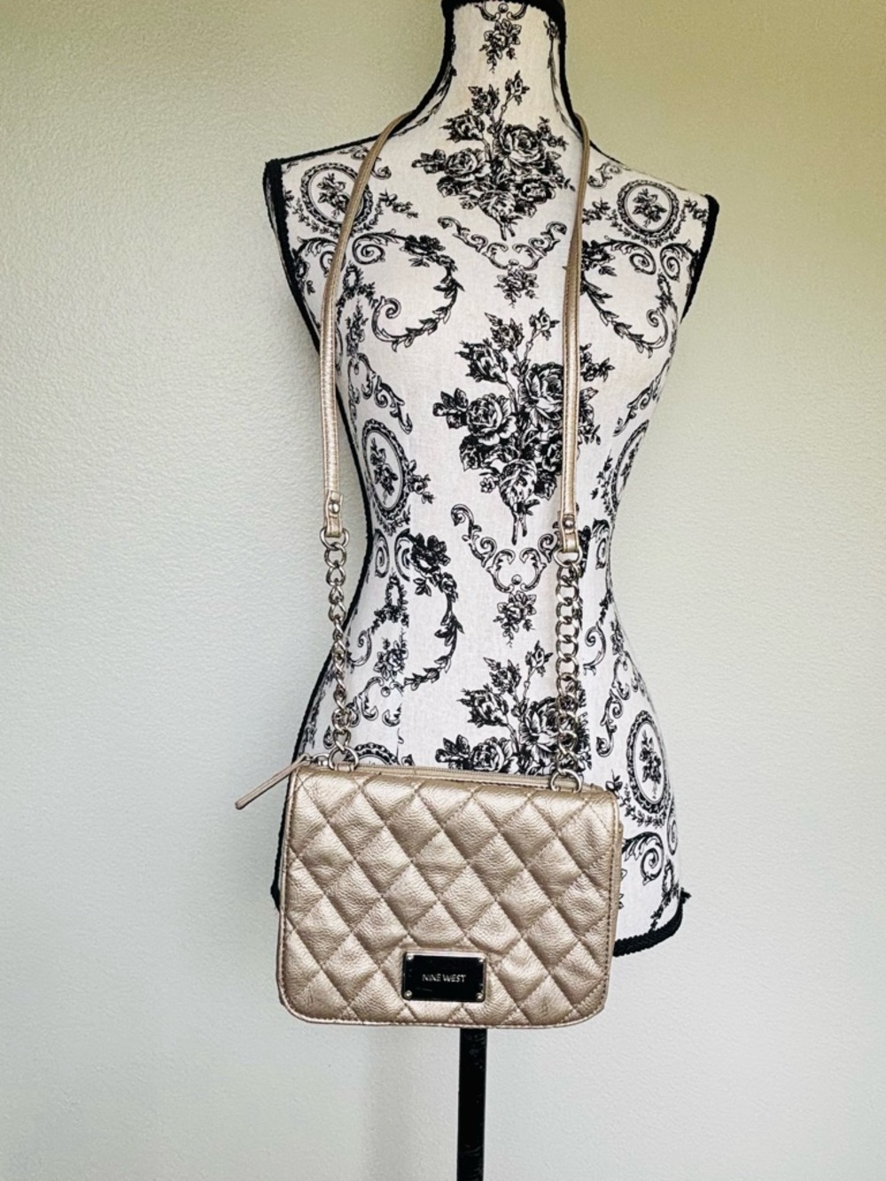 Nine West Quilted Metallic Champagne and Silver Crossbody Bag